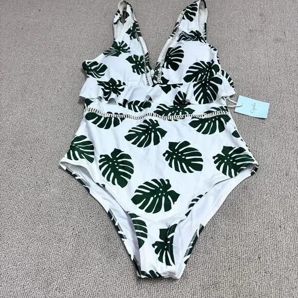 Cupshe One Piece Swimsuit White Green Floral Women’s Size Large NWT - Picture 7 of 11